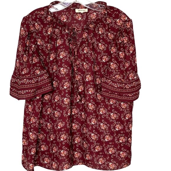 Max Studio Wms L Plum Floral Blouse Flutter Ruffle Sleeve Tie Neck Cottagecore - Picture 1 of 8